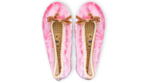 Rose silk velvet massaging slippers with honey trim and removable insoles on a white background