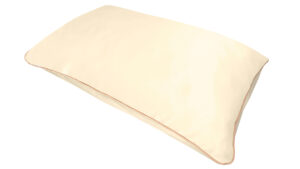 Cream silk pillowcase with honey-coloured piping on a white background