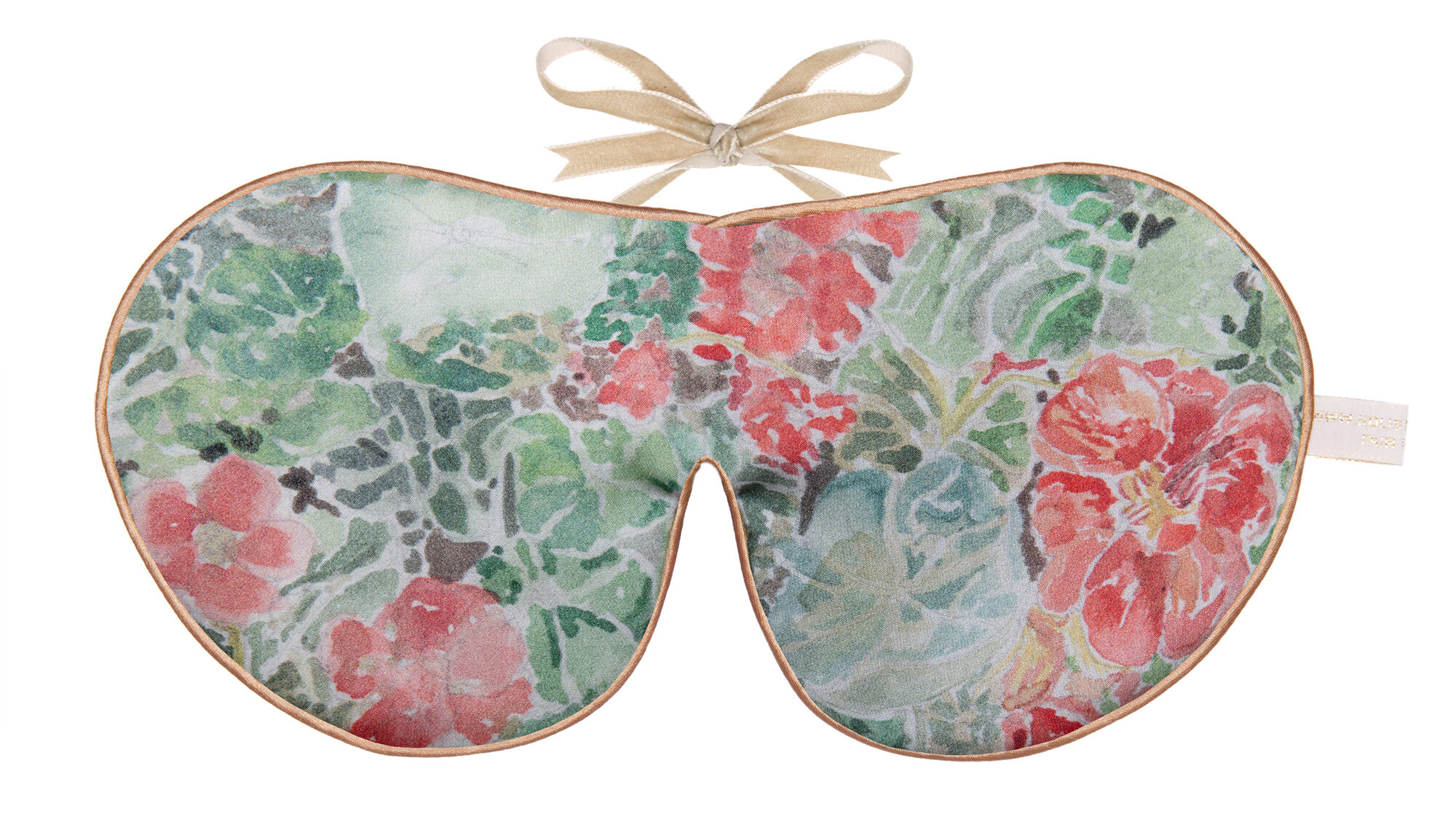 Silk sleep mask with a soft green background featuring coral, red, and pink nasturtium flowers and leaves.