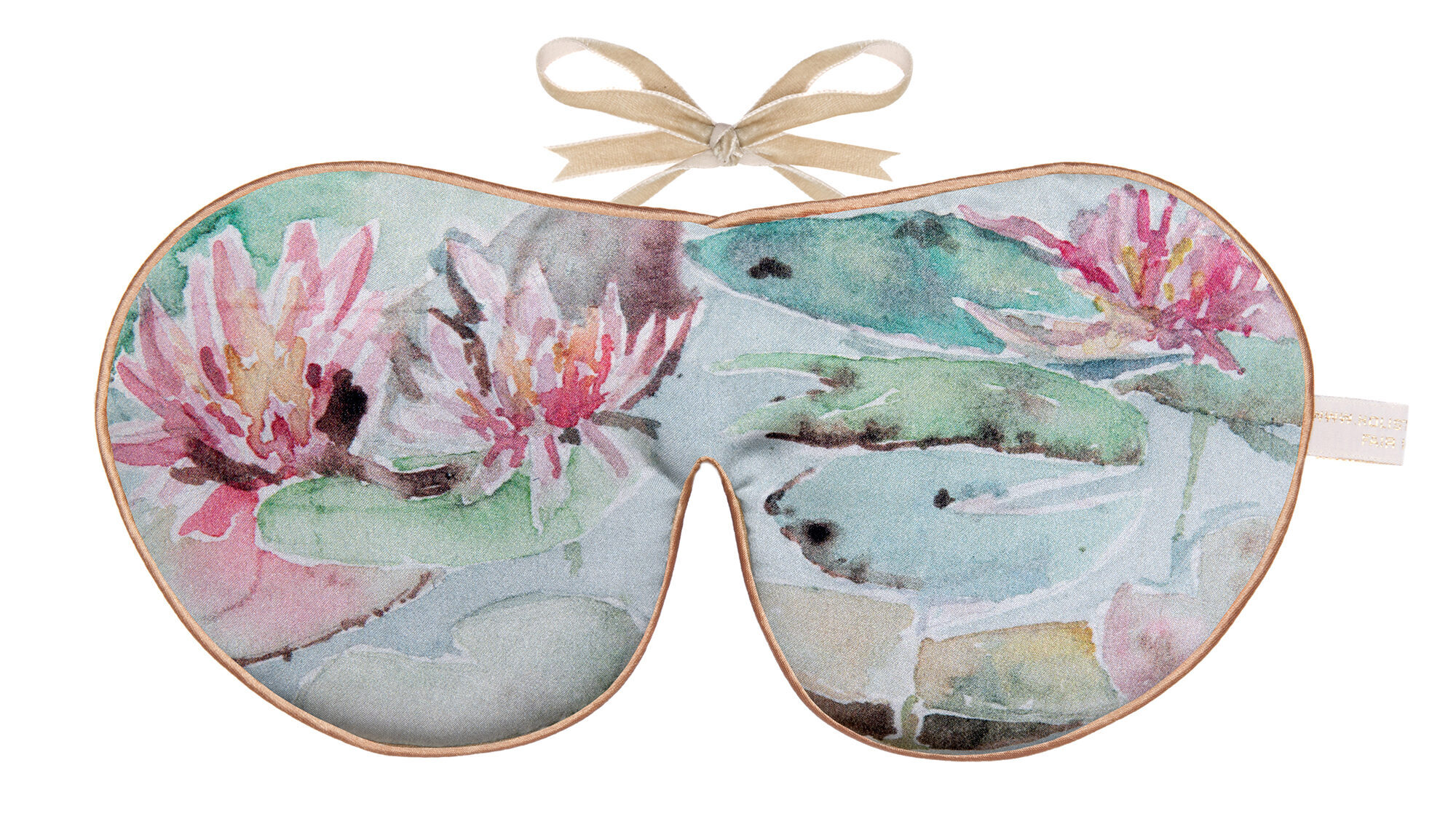 Silk sleep mask with a painted water lily scene, featuring pink blossoms and green lily pads on soft blue water.