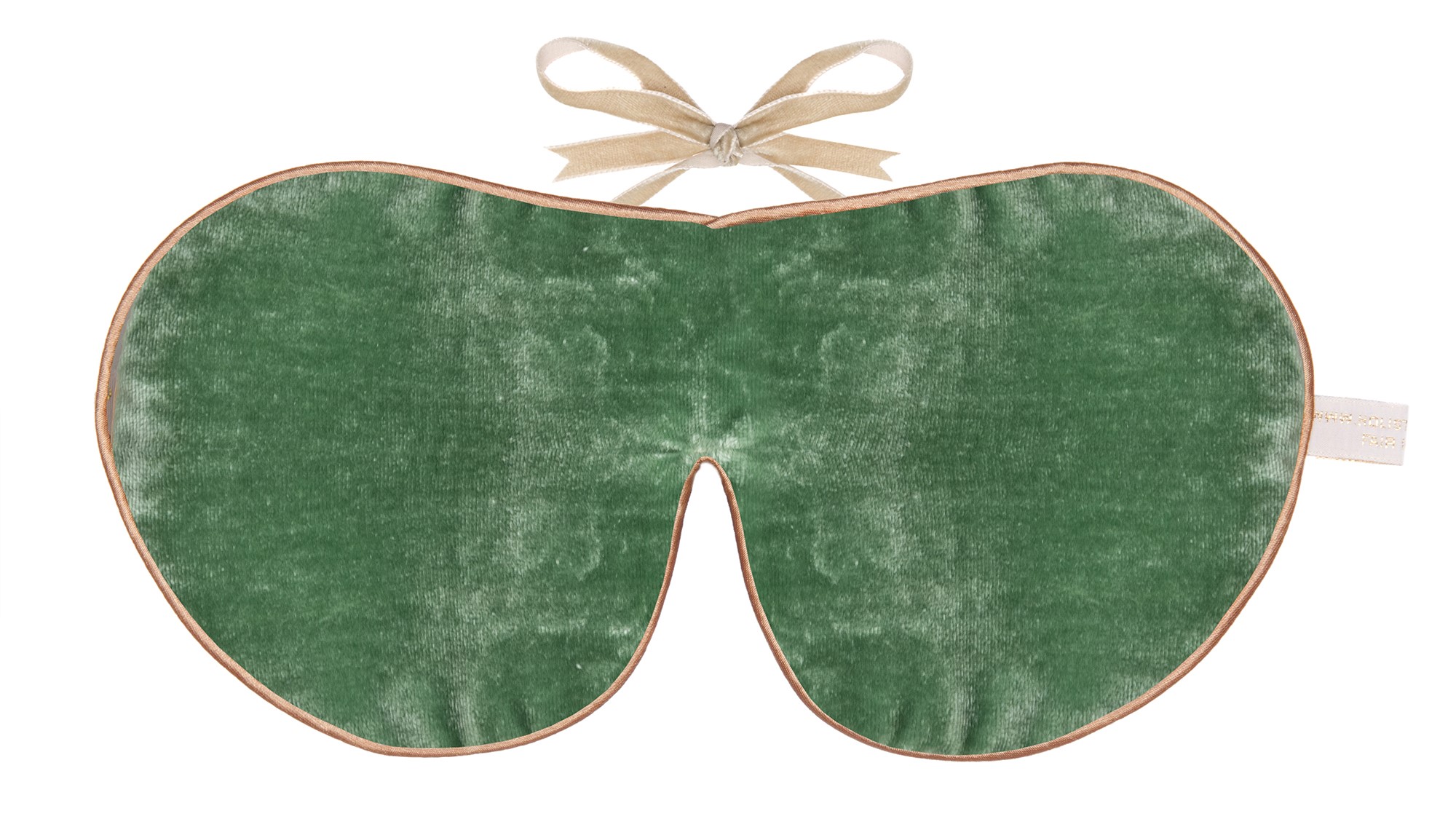 A jade green silk velvet sleep mask with gold edging and beige ribbon ties.”