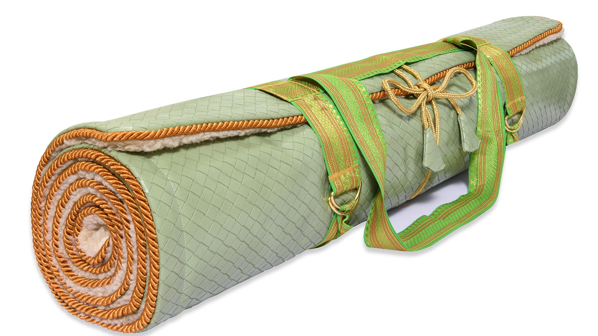 Luxury Yoga Rug Mat by Holistic silk in a soothing Jade Weave design with a limited edition carrying harness.