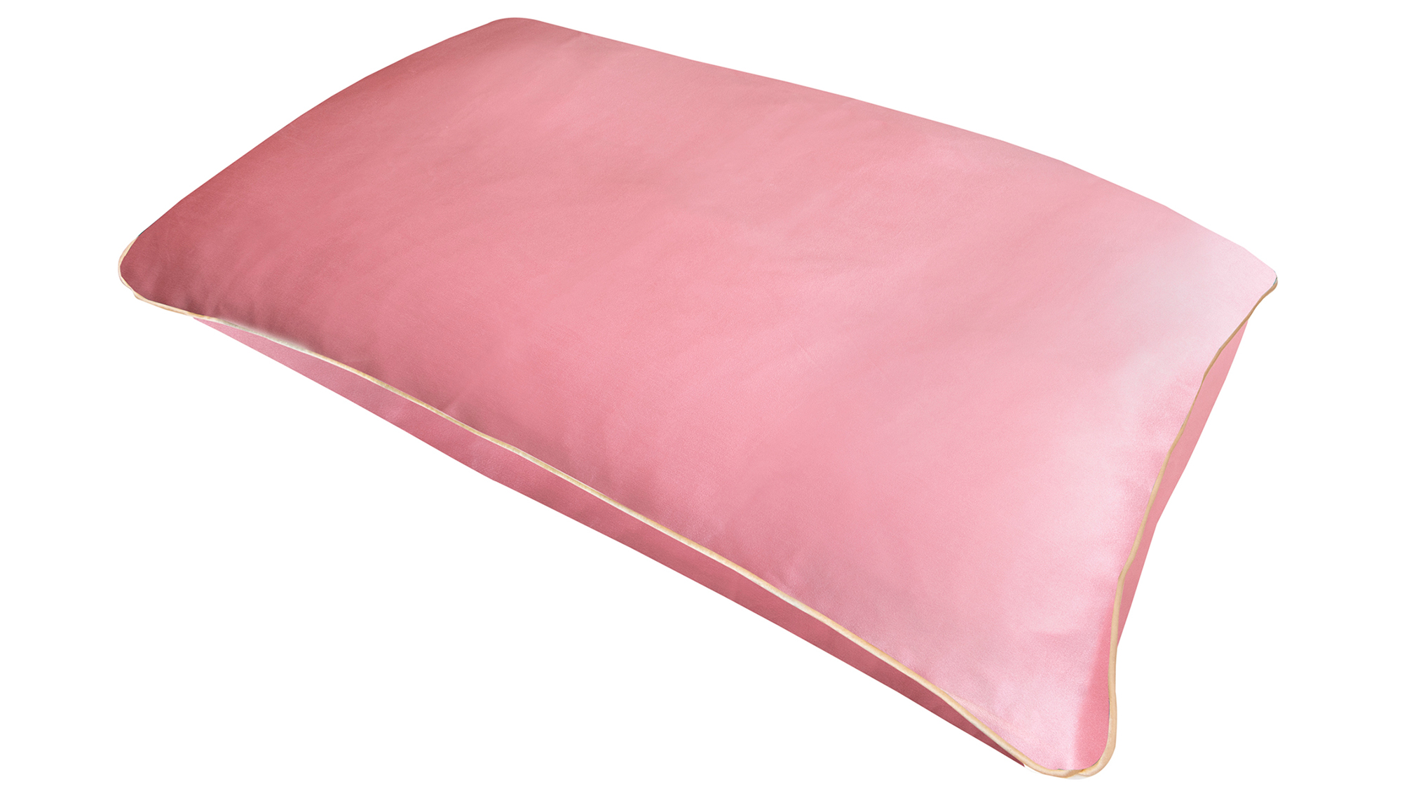 Rose pink silk pillowcase with honey-coloured piping on a white background