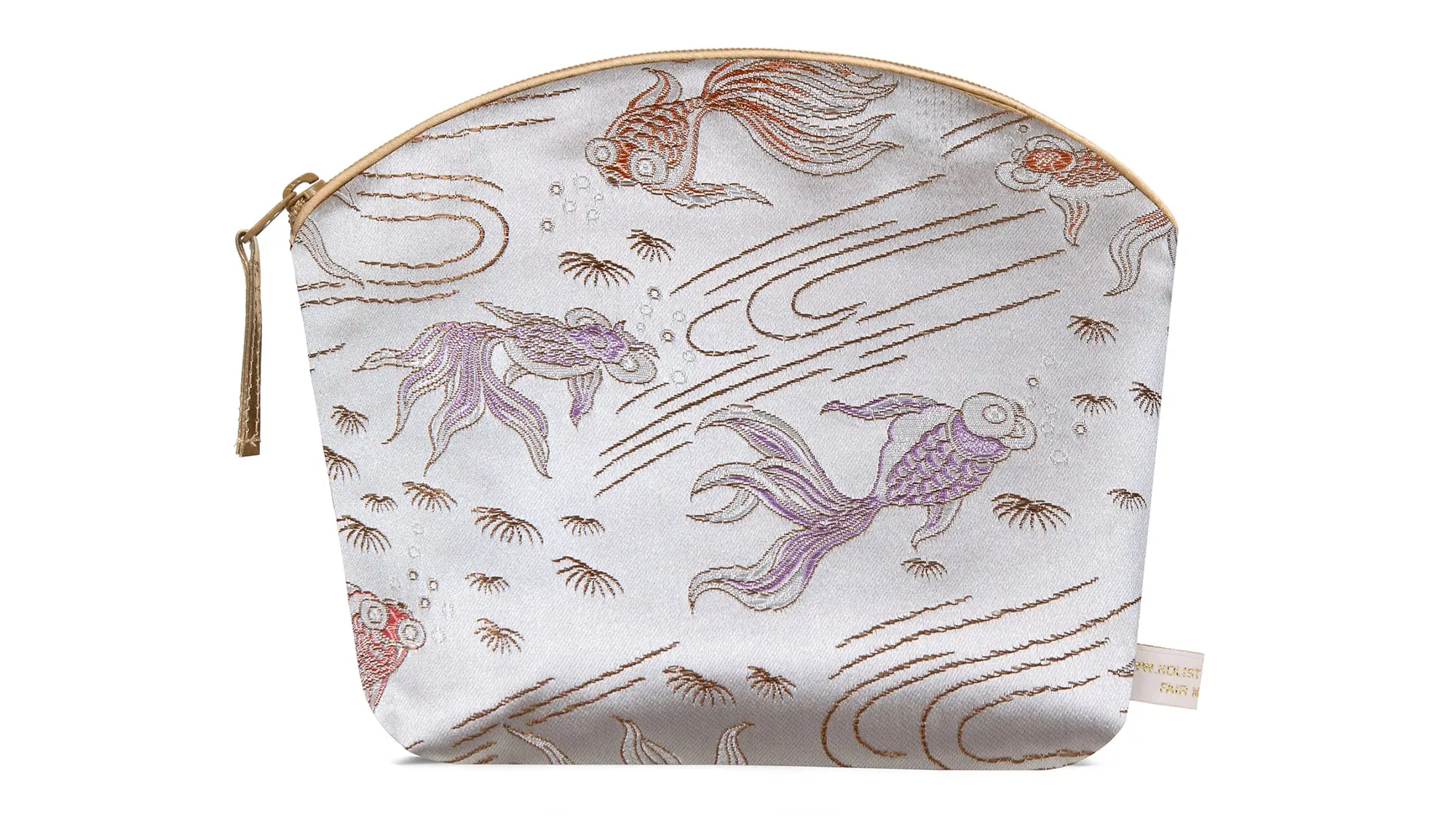 A silver silk makeup bag embroidered with flowing goldfish and water patterns in soft gold and lilac tones