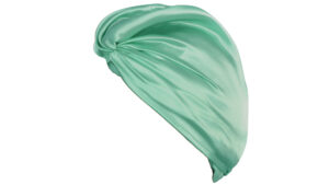 Jade green silk hair wrap with a smooth sheen and a twisted front detail.
