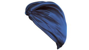 Navy blue silk hair wrap with a smooth, glossy finish and a twisted knot detail at the front.