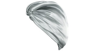 Silver silk hair wrap with a lustrous sheen and a twisted front knot.