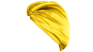 Bright yellow silk hair wrap with a glossy finish and twisted knot design.