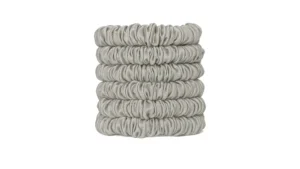 A stack of skinny silk scrunchies in a Silver Grey shade, neatly arranged to show their smooth gathered texture