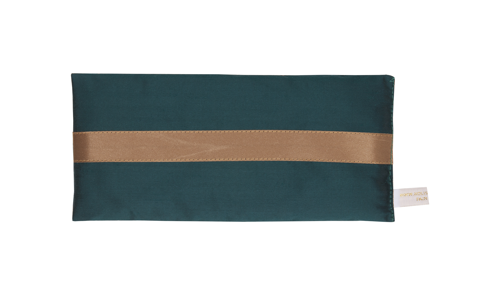 Emerald silk eye pillow with honey-coloured band on a white background